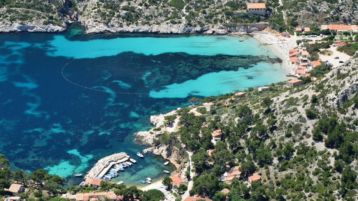 Aerial view of Calanques coastline with turquoise waters