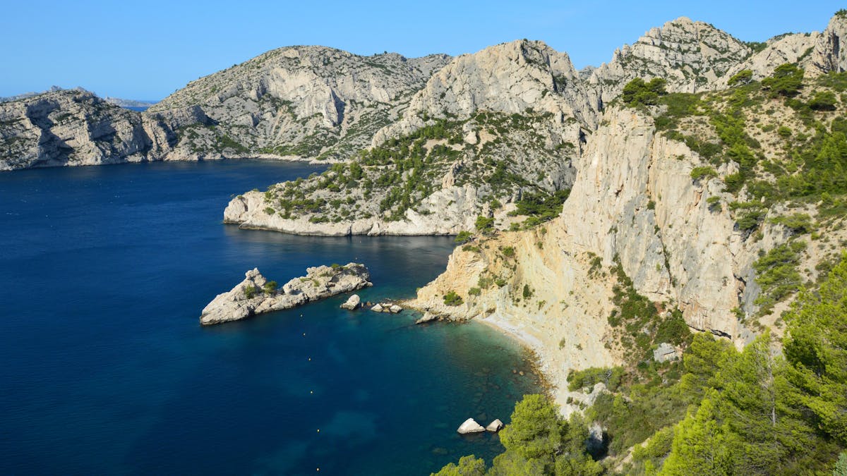 Rocky coastline and blue Mediterranean waters of the Calanques near Marseille
