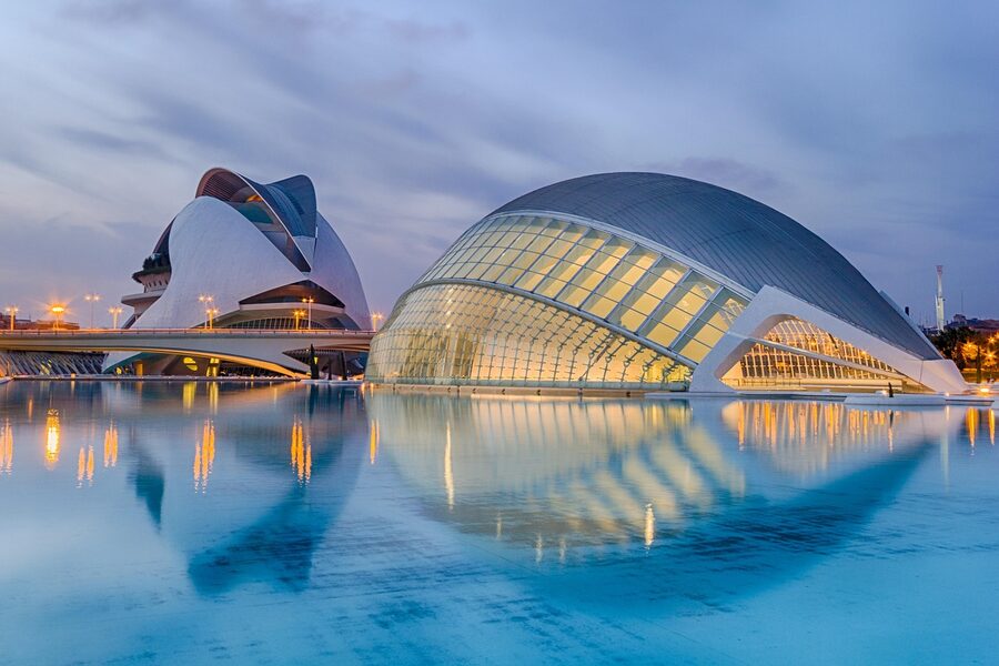 Valencia City of Arts and Sciences complex at sunset with Calatrava architecture