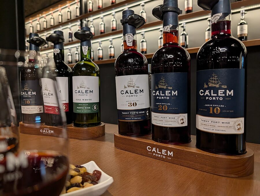 The Cálem cellar tasting room with port wine glasses