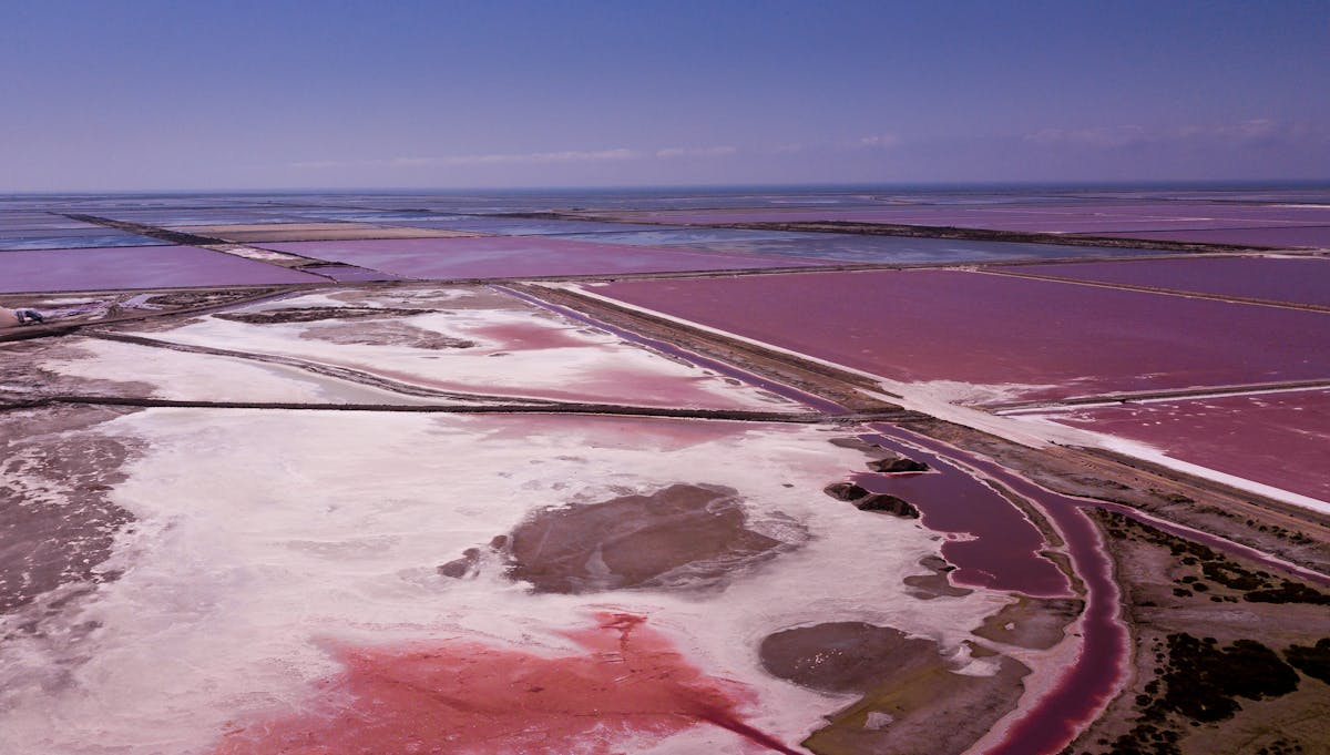 Aerial shot of colorful salt pans in Camargue France Provence region