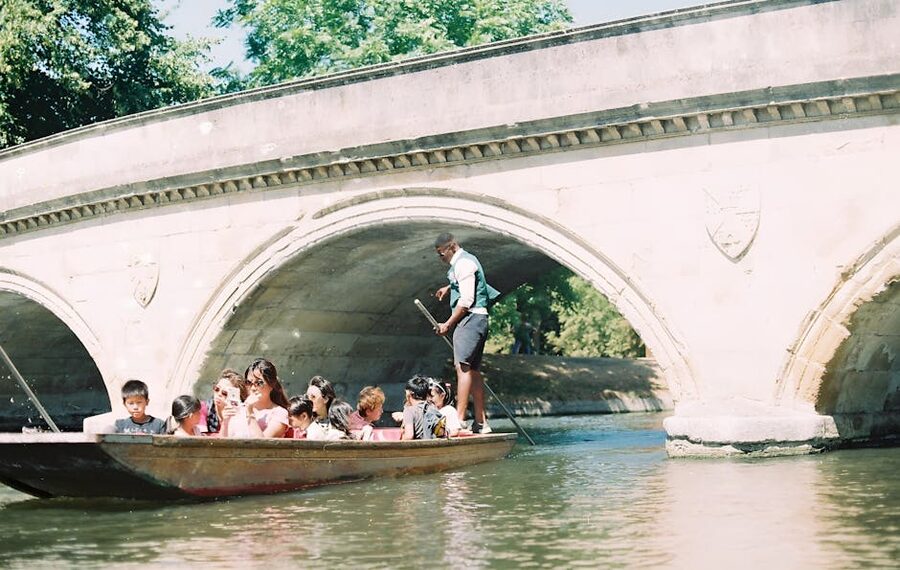 Group punting under bridge Cambridge