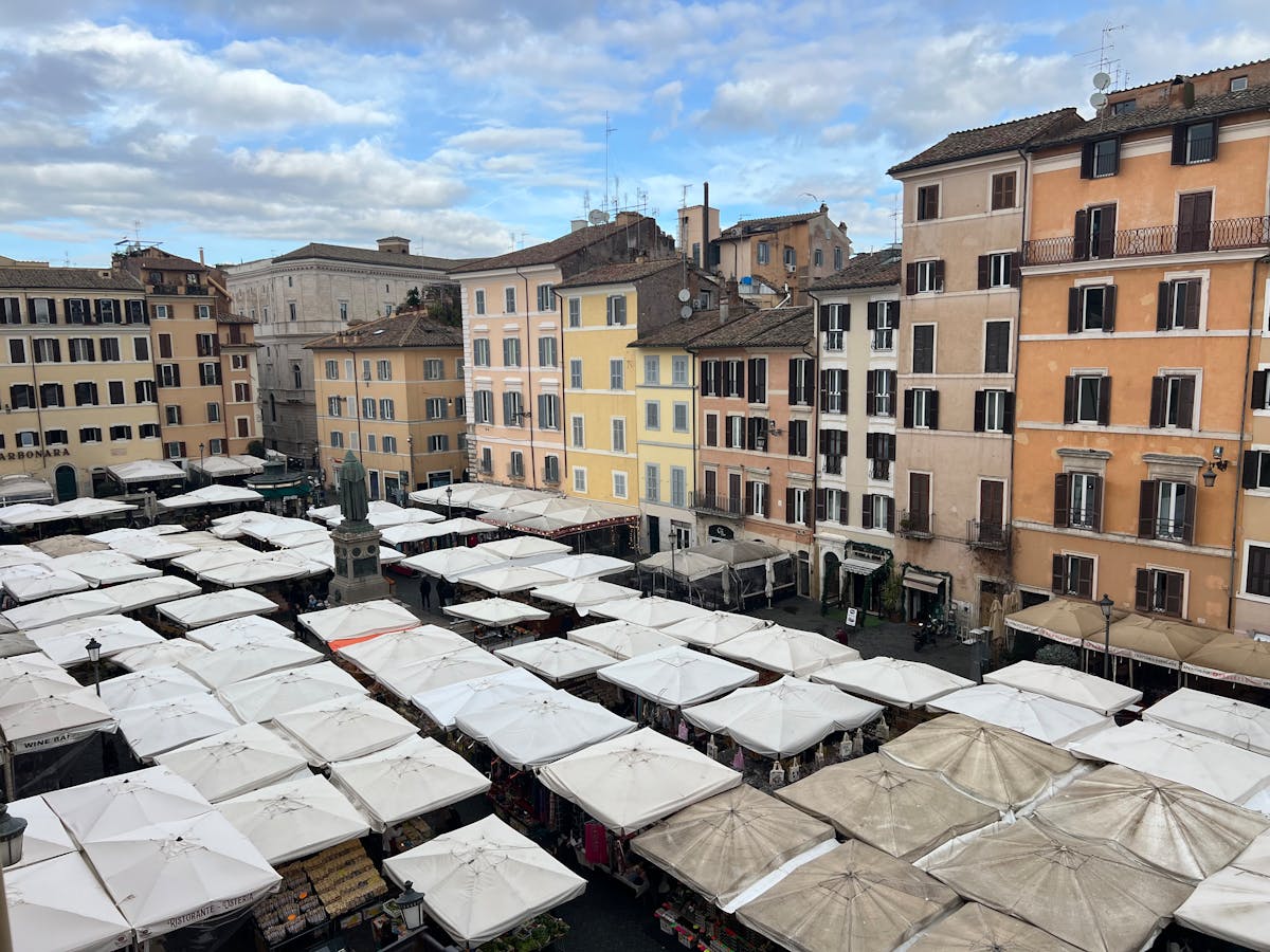 Aerial view of the bustling Campo de Fiori market in Rome