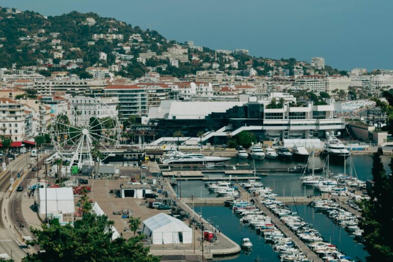 Aerial view of Cannes harbor with yachts and the historic Le Suquet quarter beyond
