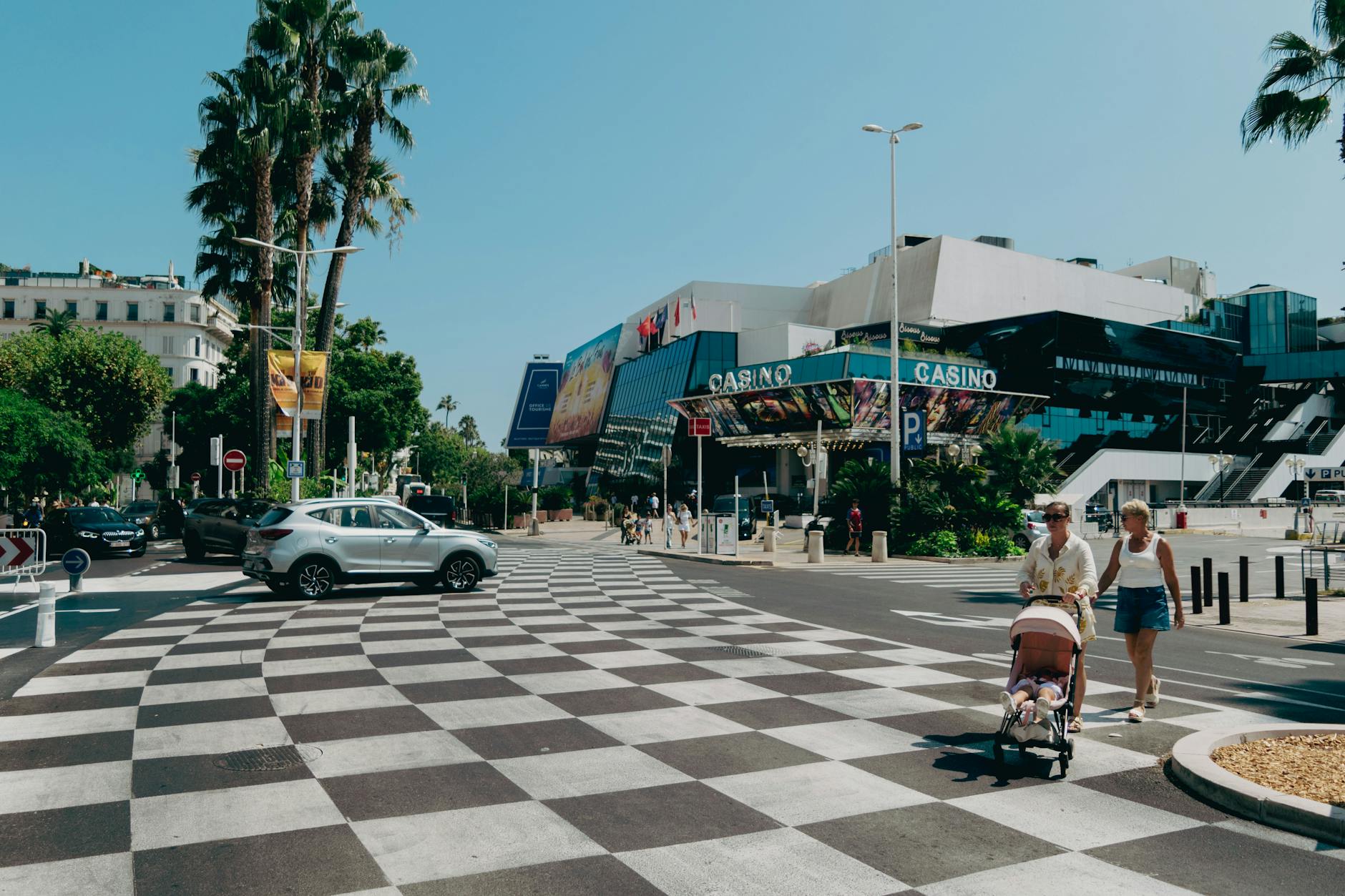 The Cannes Croisette promenade with pedestrians, palm trees and the Casino building