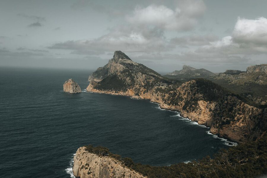 Aerial view of Cap de Formentor rugged coastline and cliffs in Mallorca