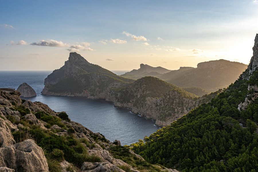 Cap de Formentor cliffs glowing at sunset over the Mediterranean