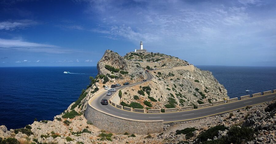 Panoramic view of Cap de Formentor road and lighthouse from above