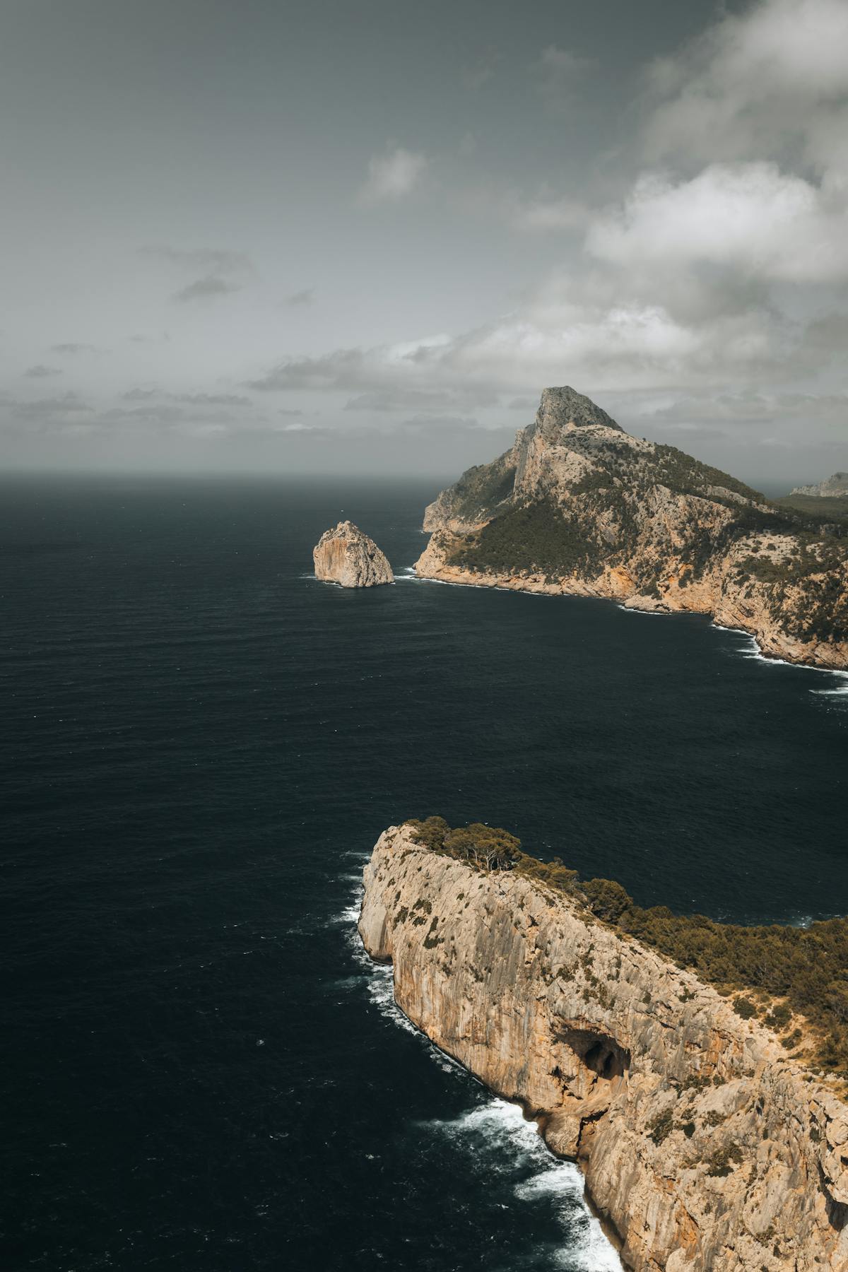 Cap de Formentor rocky coastline in Mallorca Spain with dramatic cliffs meeting the Mediterranean sea