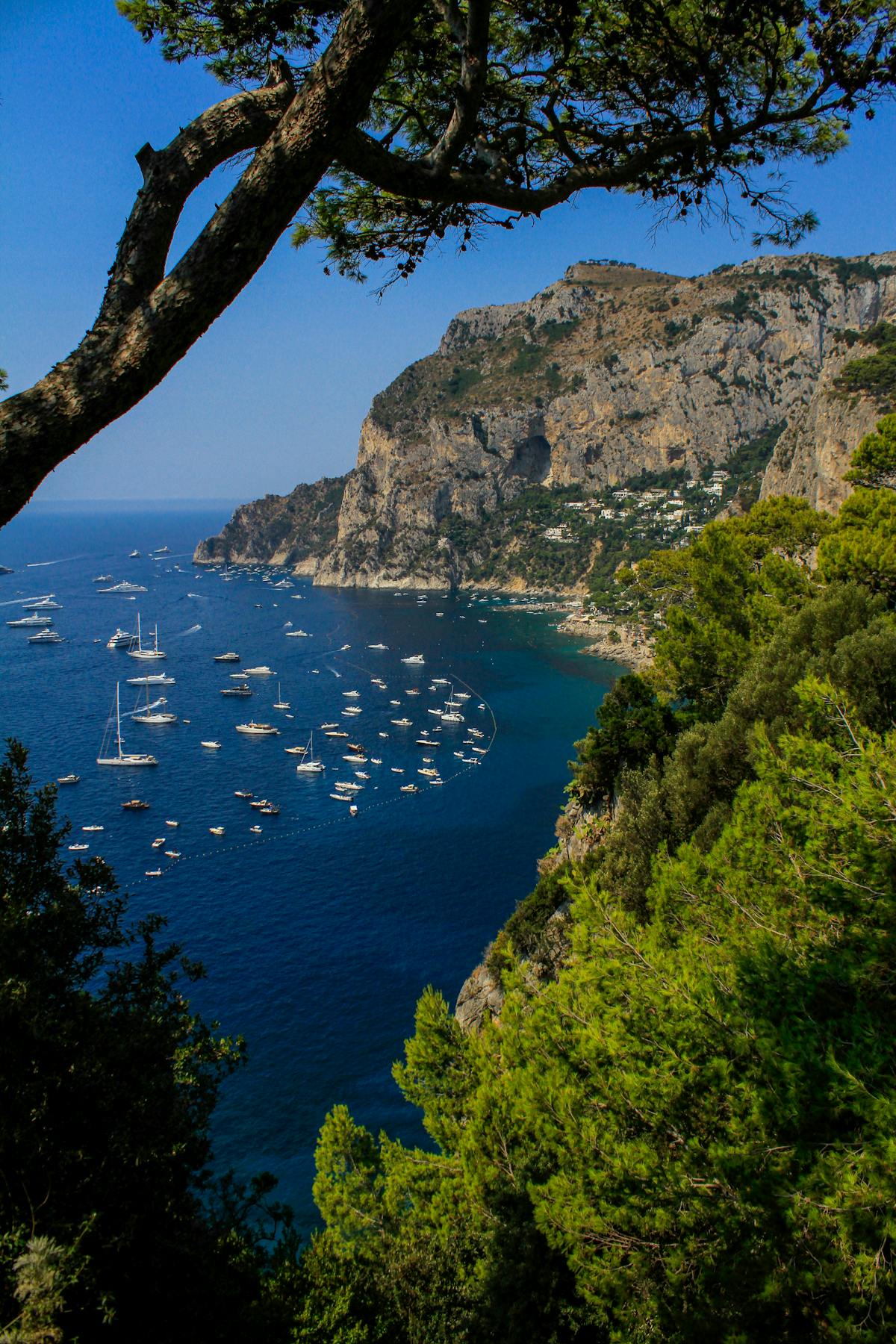 Numerous boats floating off the dramatic cliffs of Capri with clear blue water