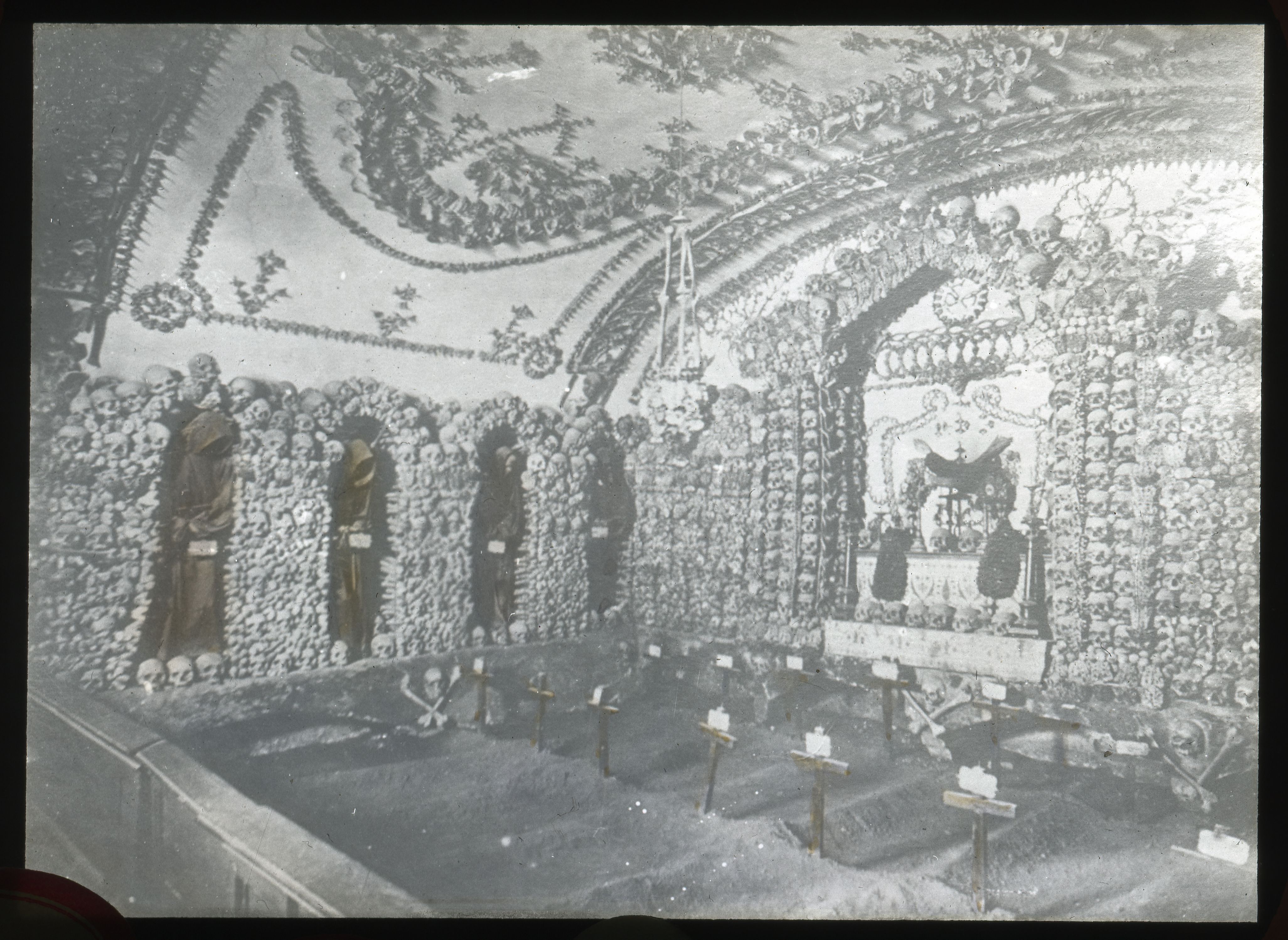 Bones and skulls arranged in decorative patterns inside the Capuchin Crypt in Rome