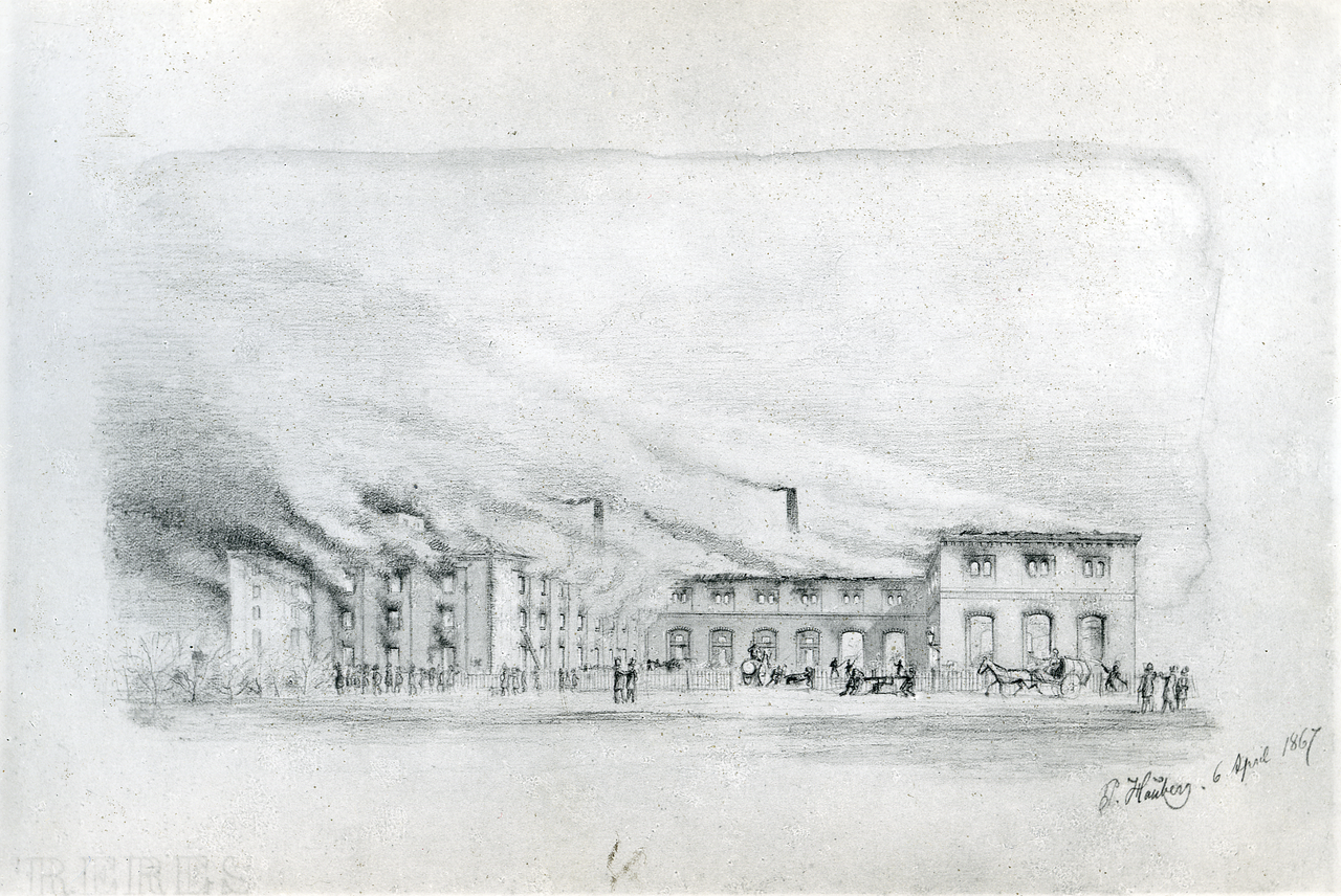 Historical drawing of the Carlsberg brewery fire of 1867