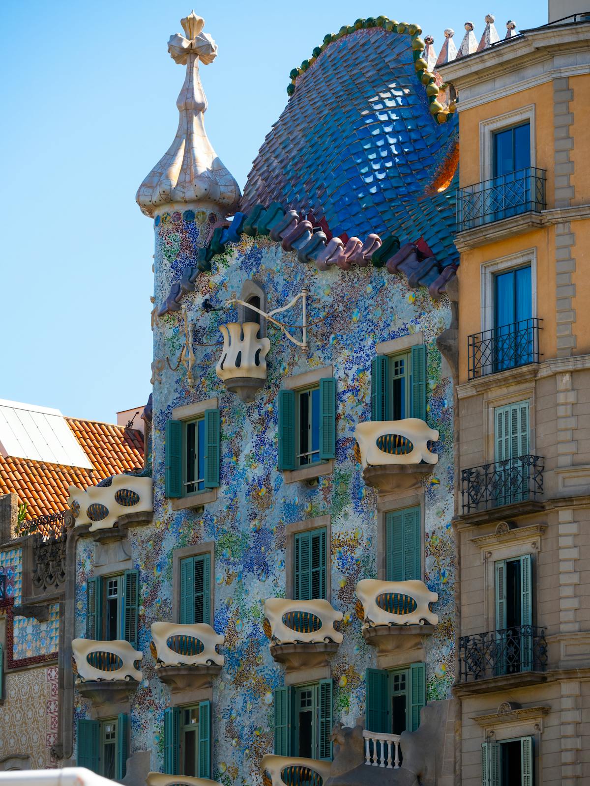 The colourful exterior of Casa Batllo with its distinctive Gaudi architecture on Passeig de Gracia Barcelona