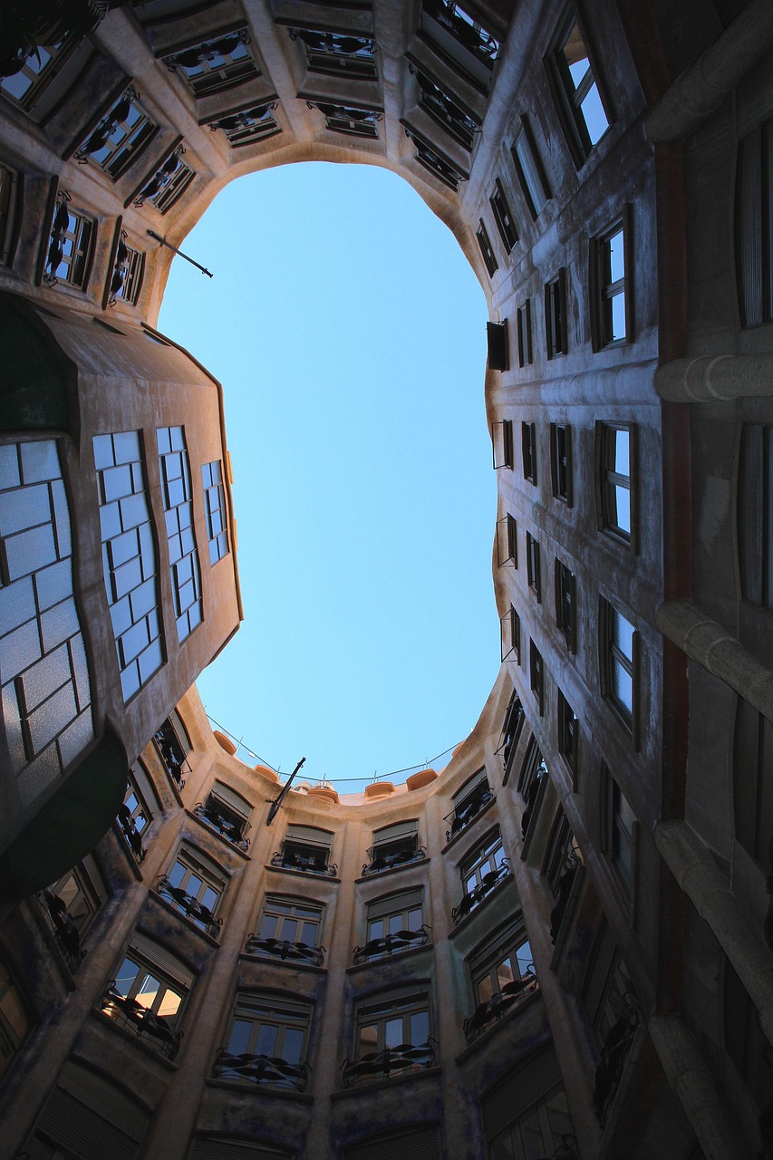 View of Casa Mila building in the Barcelona cityscape
