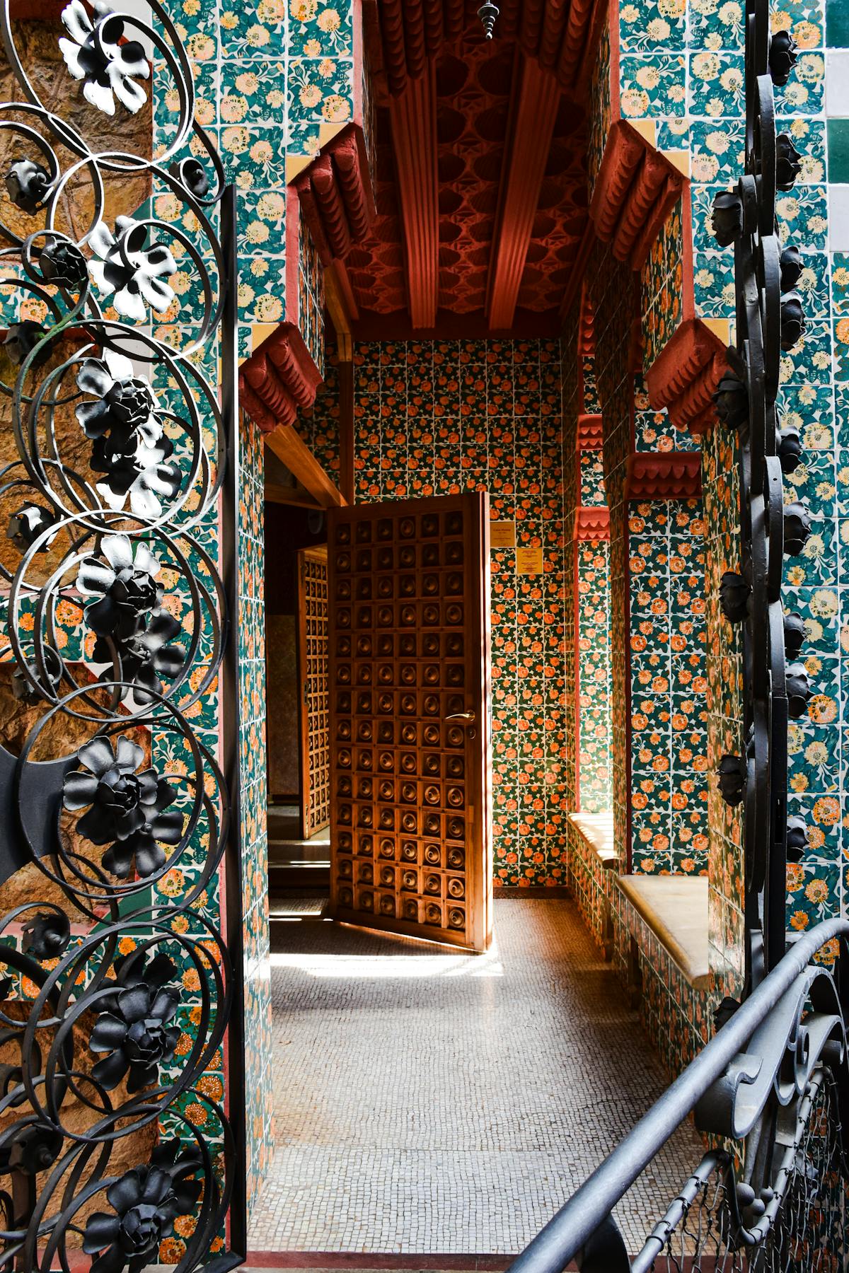 Mosaic and ceiling design inside Casa Vicens with geometric patterns