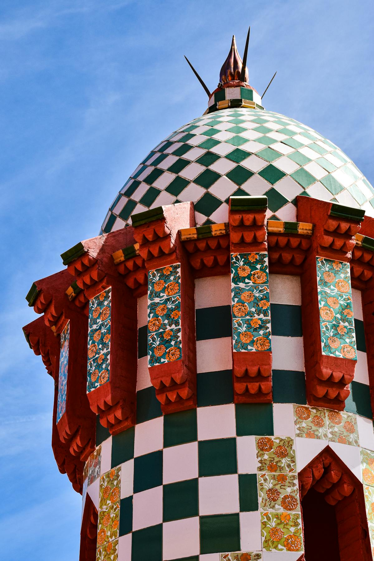 Close-up of mosaic tile work on Casa Vicens showing intricate ceramic patterns