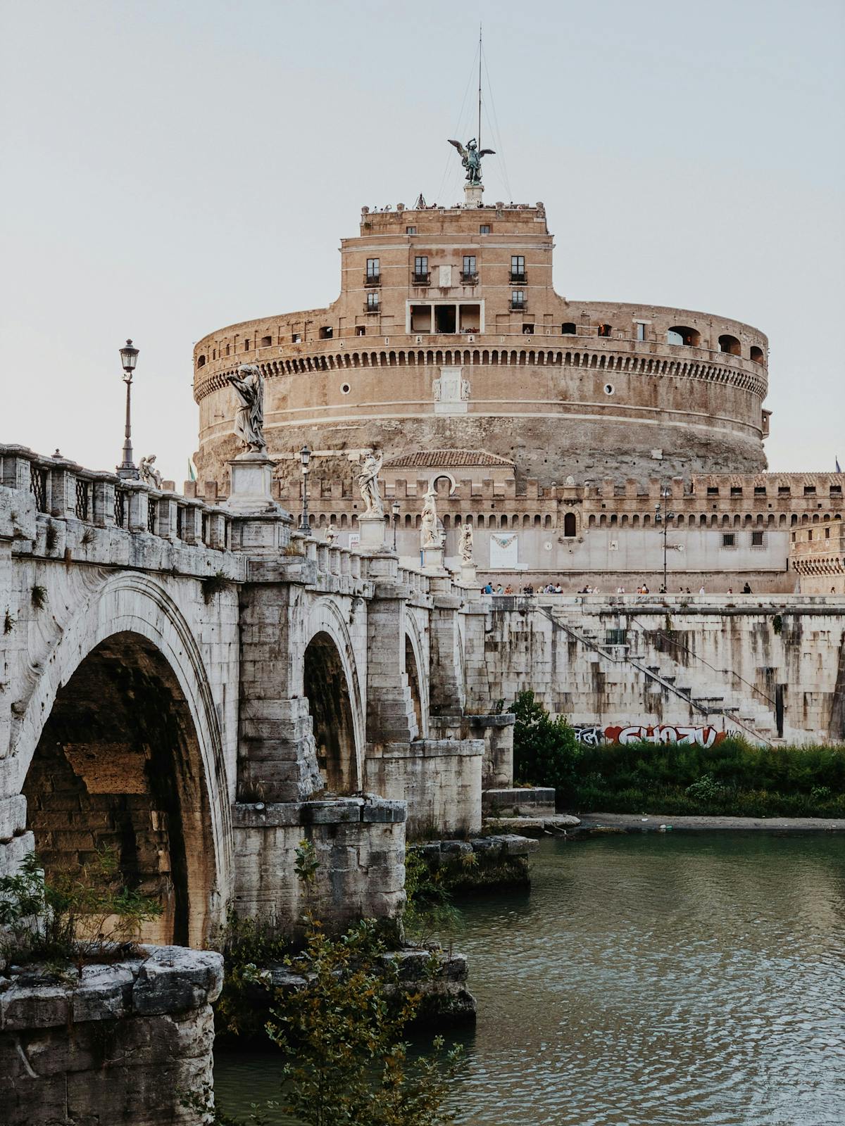 Castel Sant'Angelo and Ponte Sant'Angelo bridge spanning the Tiber River in Rome