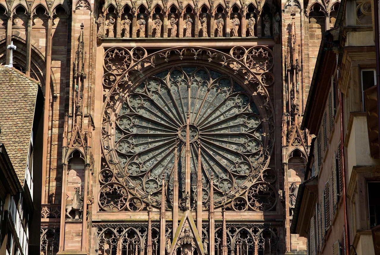 Gothic rosette stained glass window inside Strasbourg Cathedral