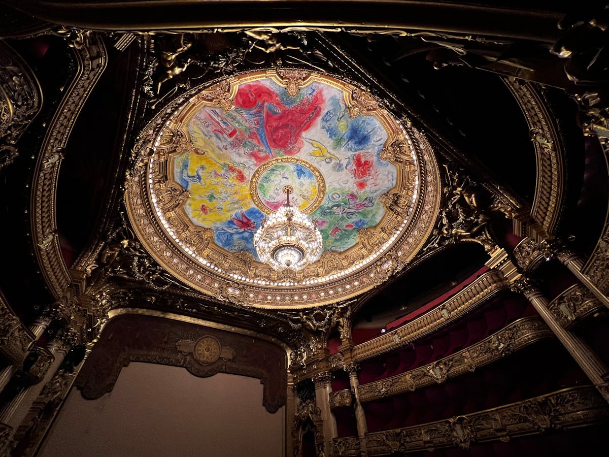 The colorful painted ceiling and grand chandelier of the Palais Garnier auditorium