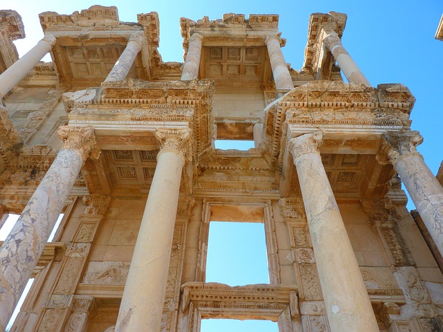 Columns and facade of the Library of Celsus at Ephesus showing two-story Roman architecture