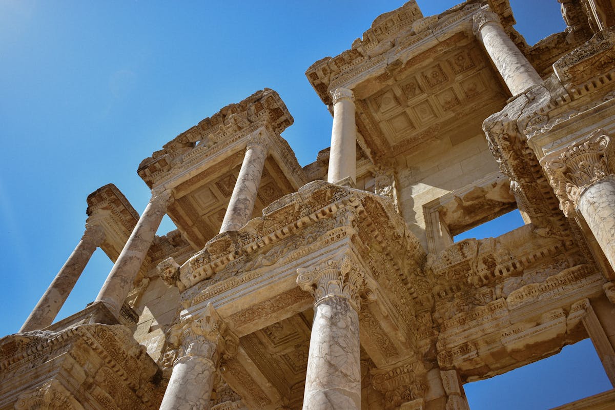 Low angle view looking up at the towering Library of Celsus facade at Ephesus Turkey
