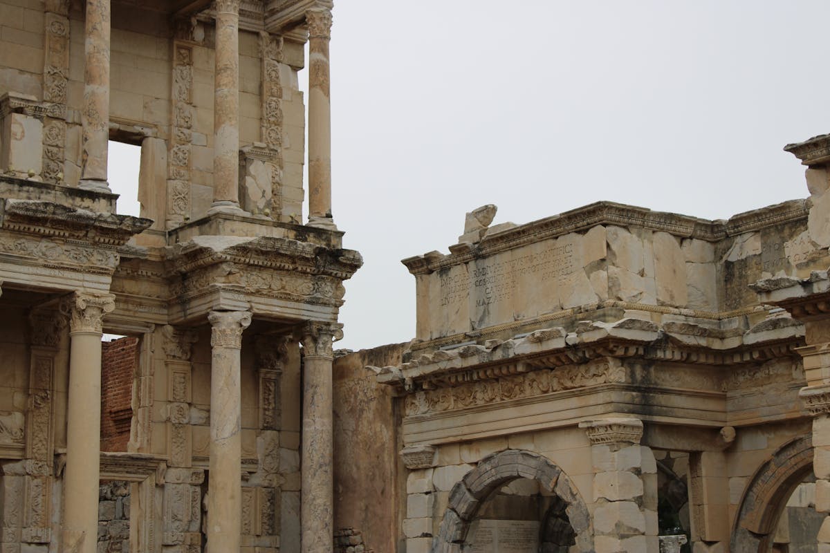 Ruins of the Library of Celsus at Ephesus with detailed Roman columns and carvings