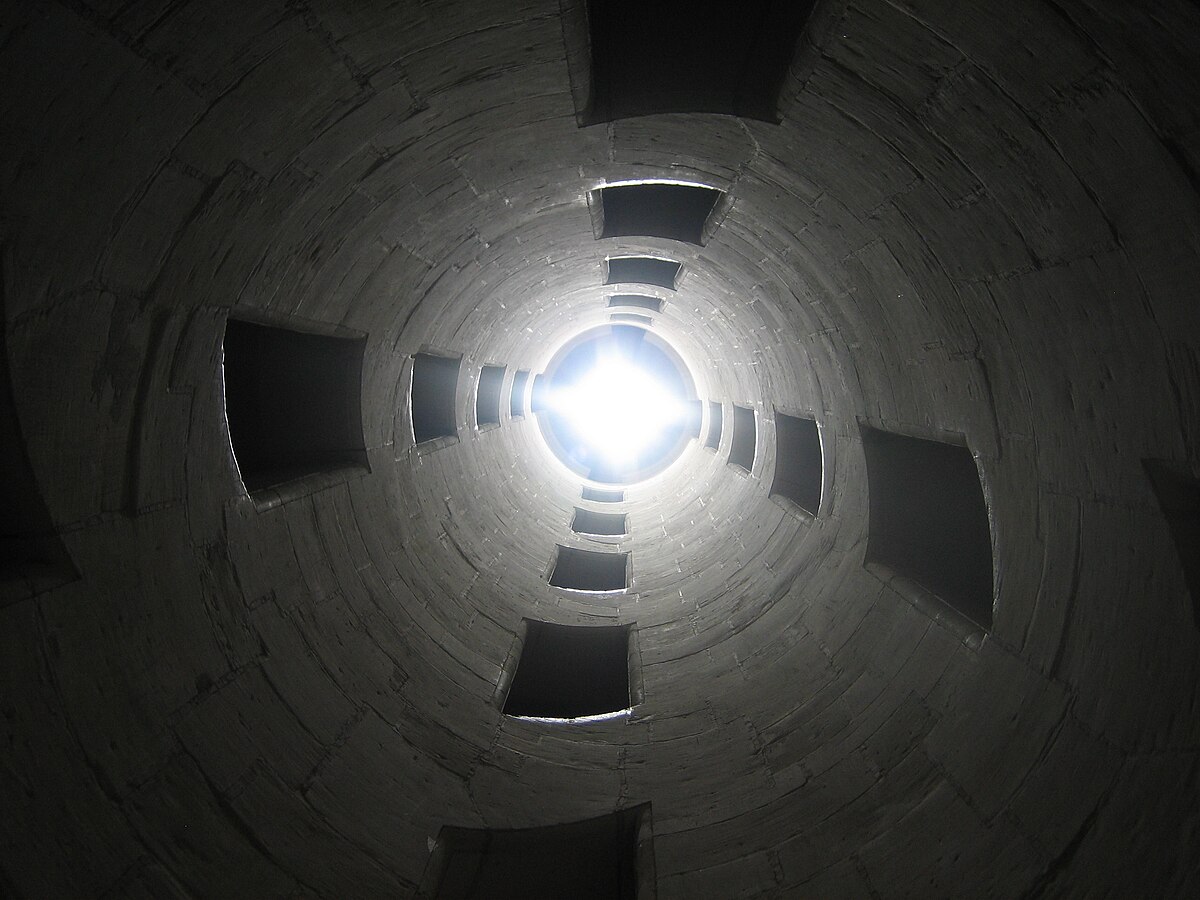 View looking up through the centre of the Chambord double-helix staircase