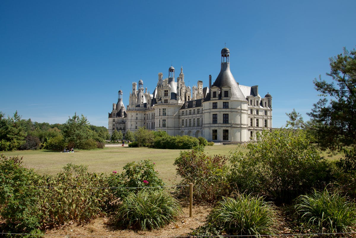 Formal gardens of Chateau de Chambord with geometric hedges and clear sky