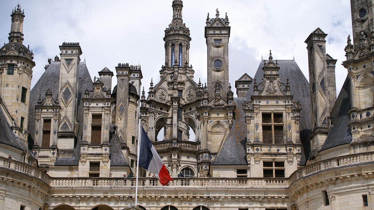 Detailed view of the Chambord chateau rooftop architecture