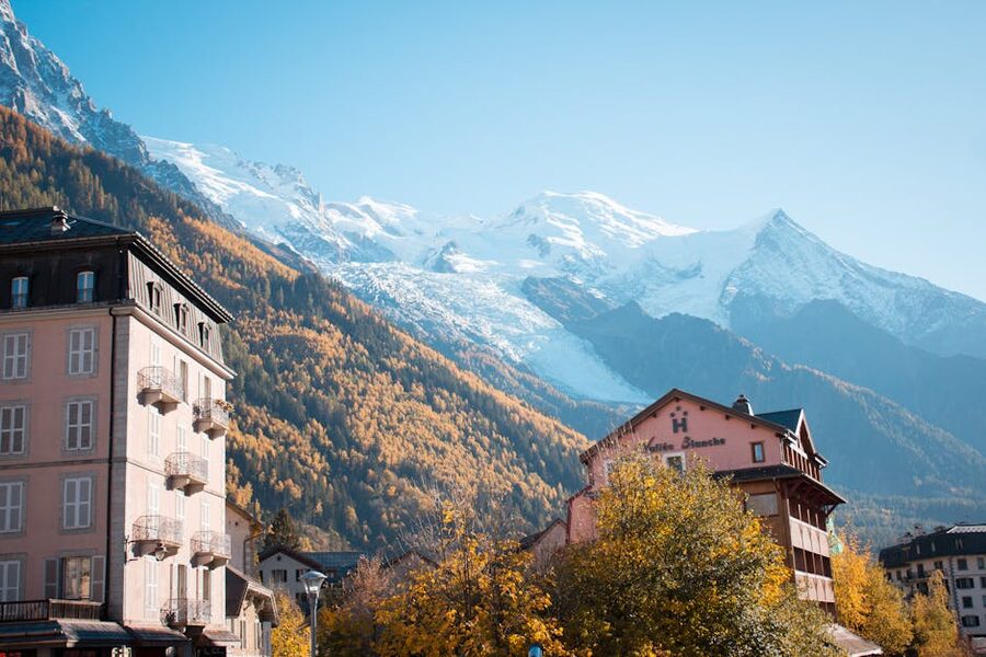 Chamonix autumn trees snowcapped mountains