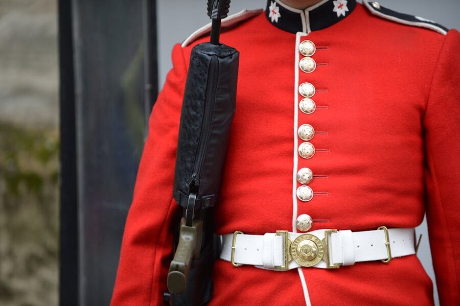 British guard in red uniform holding rifle