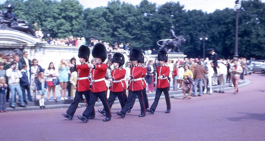Royal guards marching near crowd
