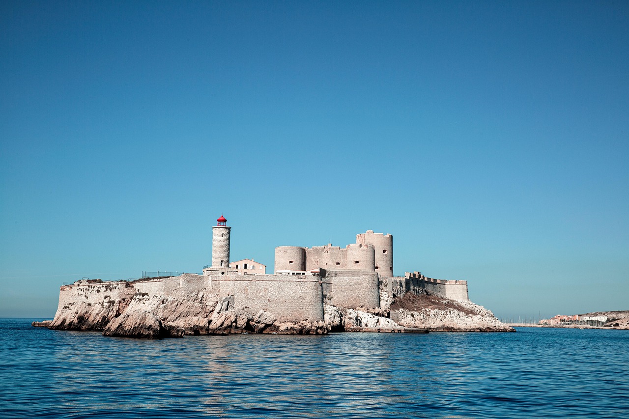 Chateau d'If fortress island in Marseille's harbour with blue Mediterranean sea