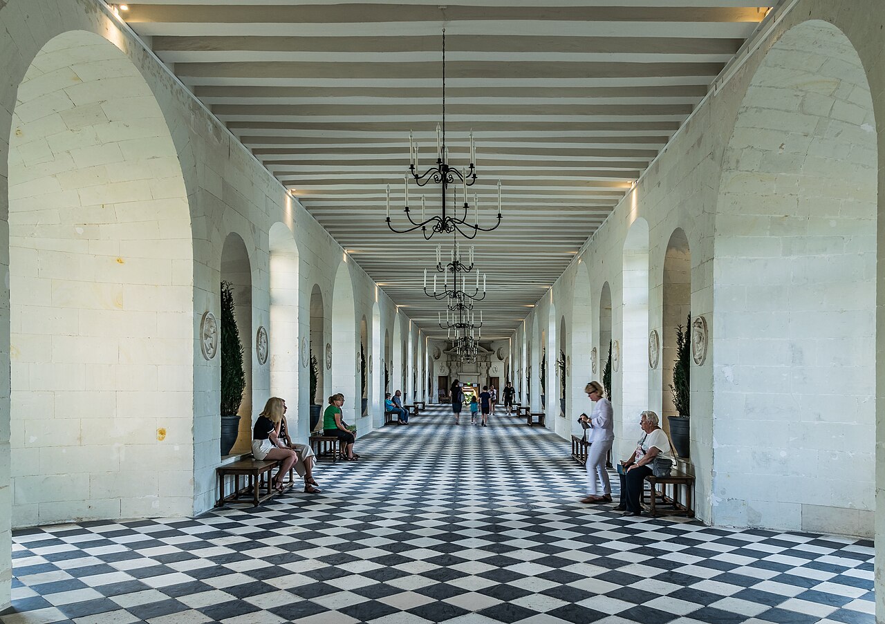 Interior of the gallery at Chenonceau with checkerboard floor