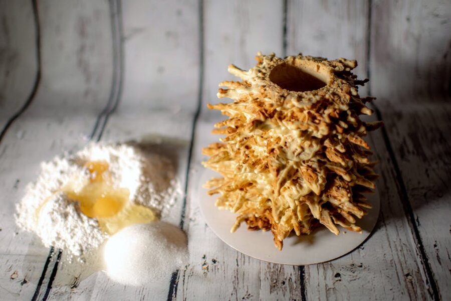 Flour and egg laid out for chimney cake dough