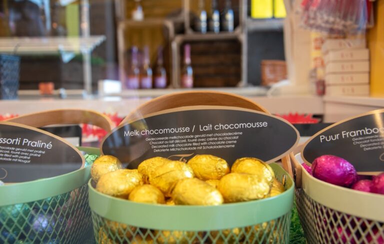 Assorted Belgian chocolate eggs in a confectionary shop display