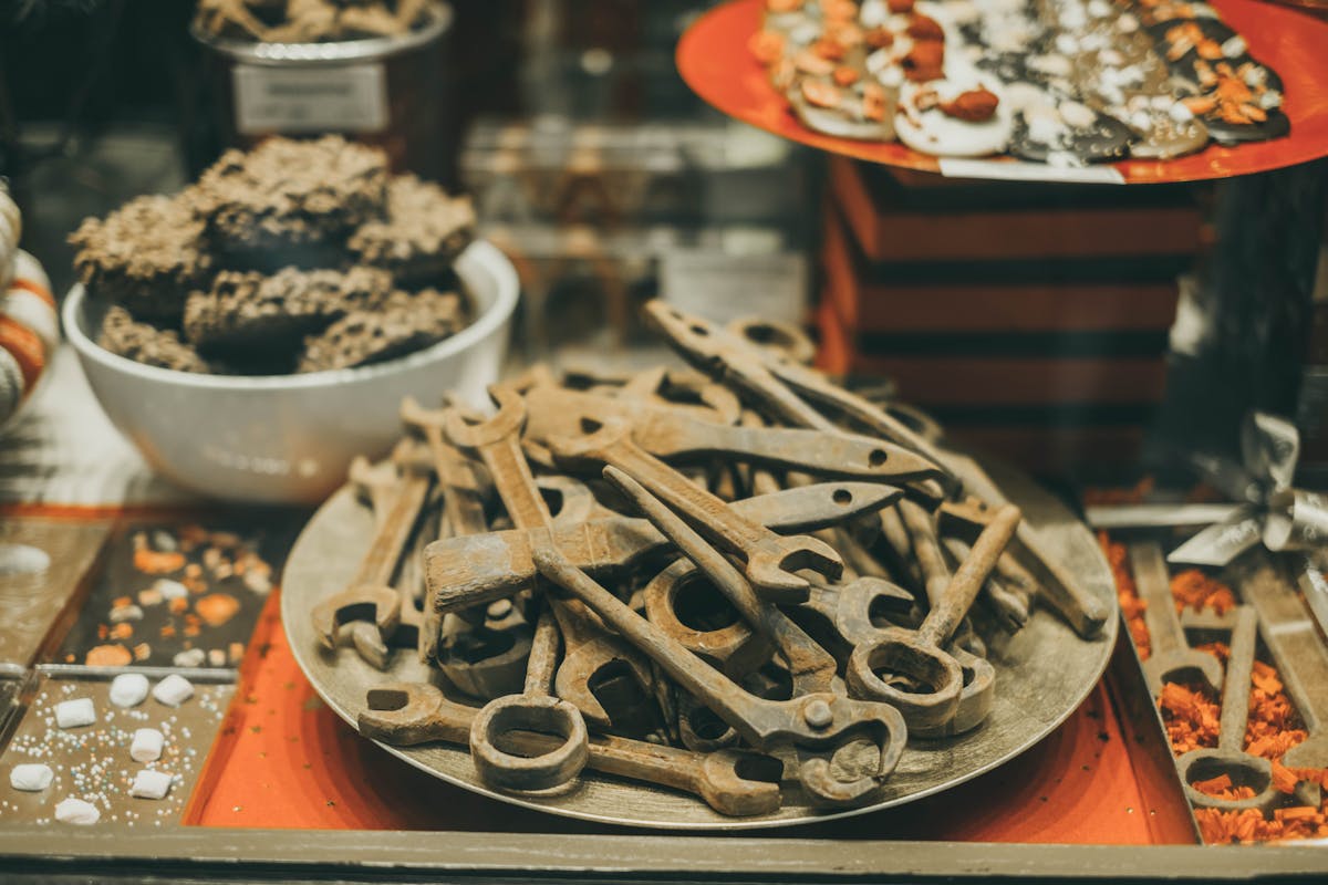Chocolate shaped like tools displayed in a Belgian shop