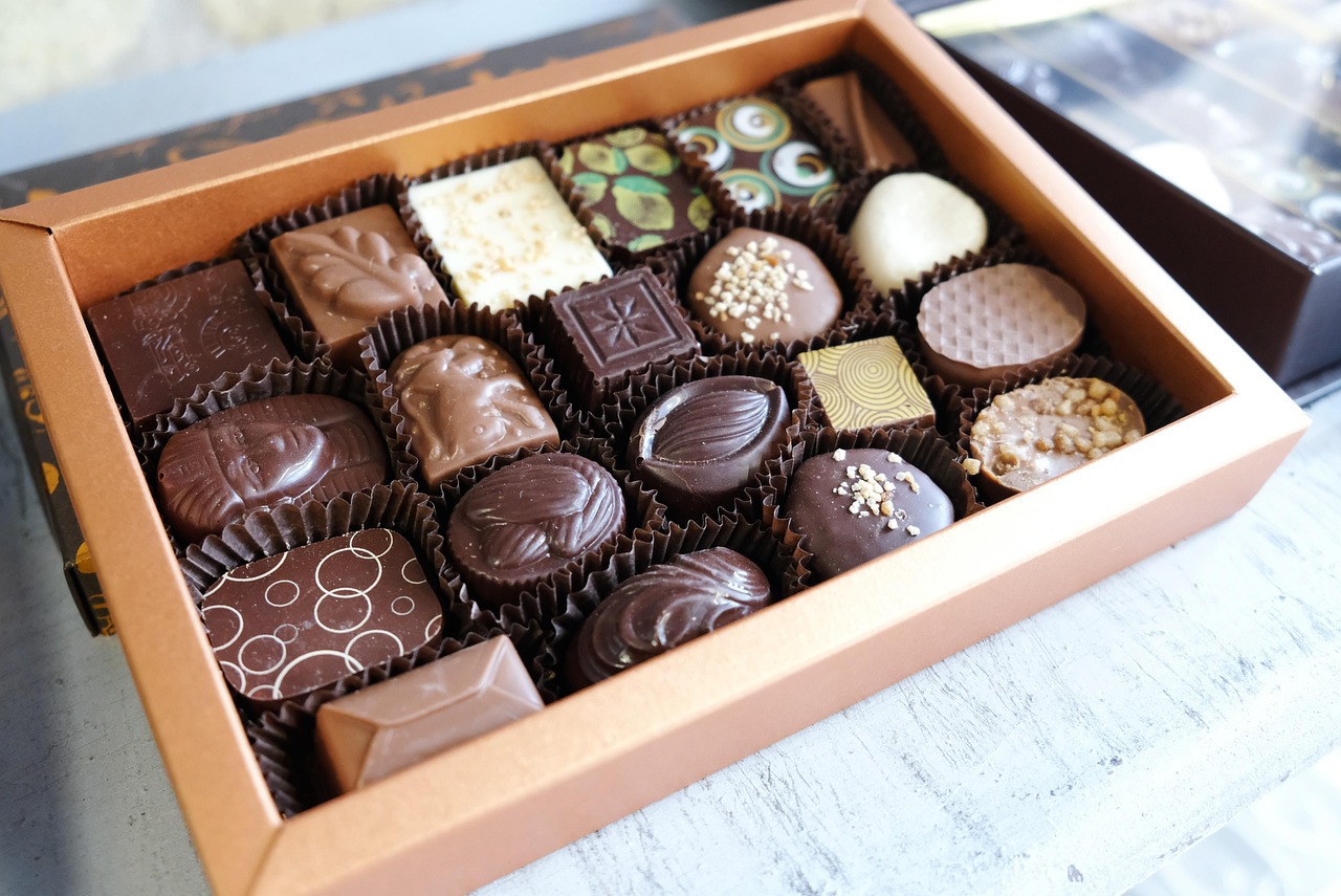 Belgian chocolate truffles and pralines in a confectionery display