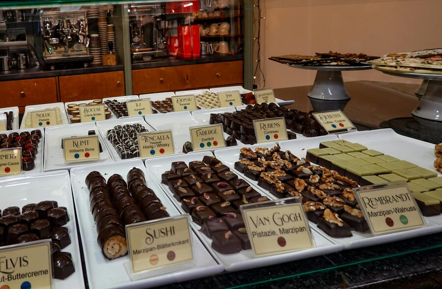 Gourmet chocolate display in cafe