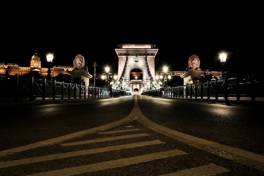 Budapest Chain Bridge lit up at night across the Danube