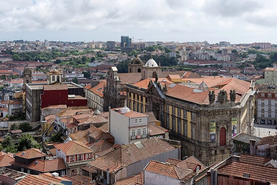 South-western view from Clerigos Tower over Porto rooftops