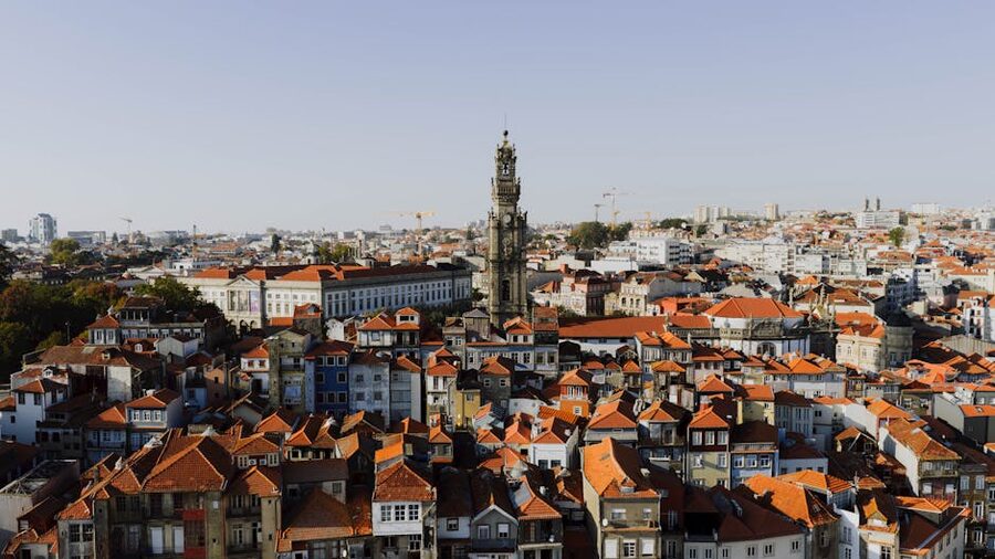 Clerigos Tower at sunset aerial view