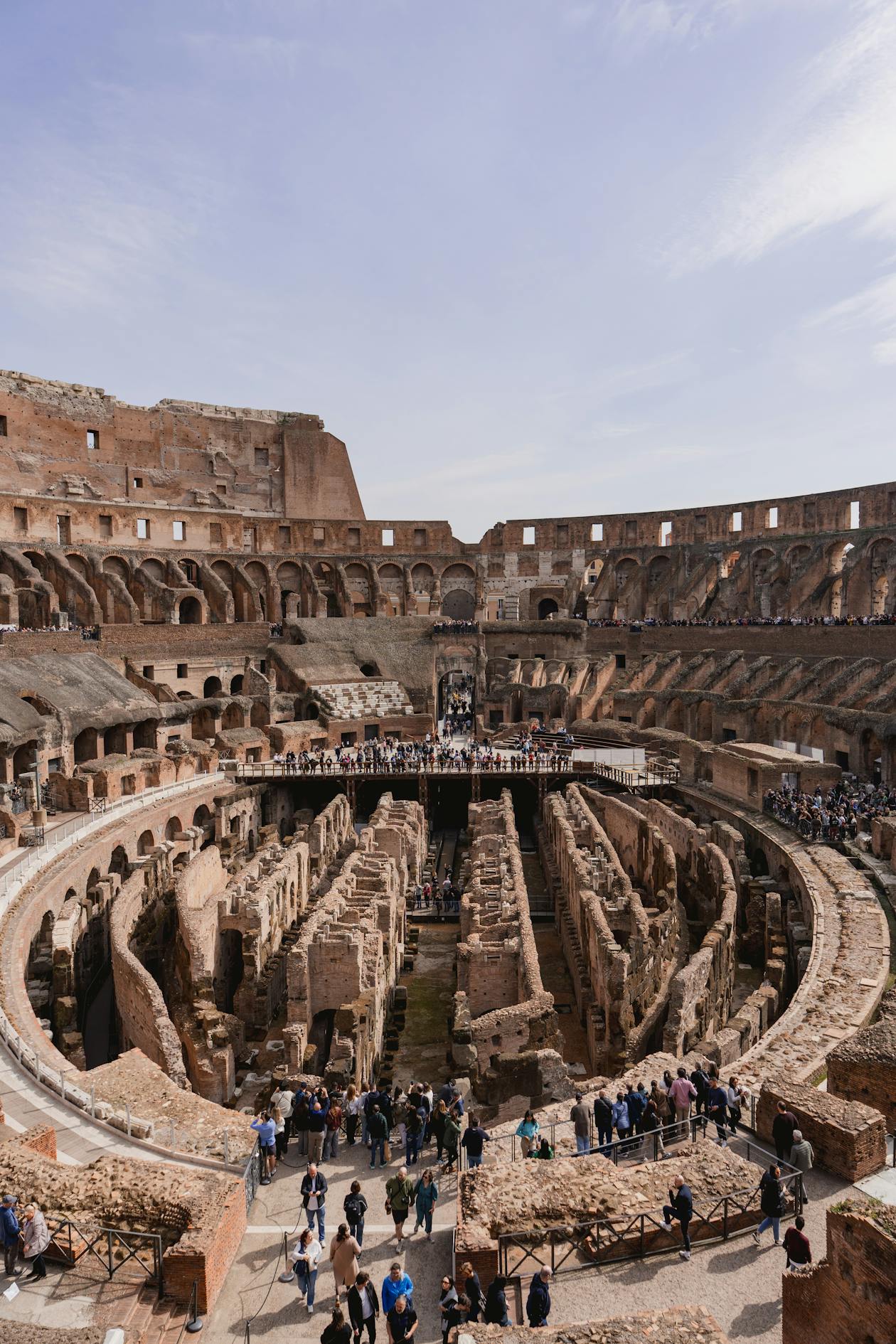 Aerial shot looking down into the Colosseum showing the exposed underground hypogeum