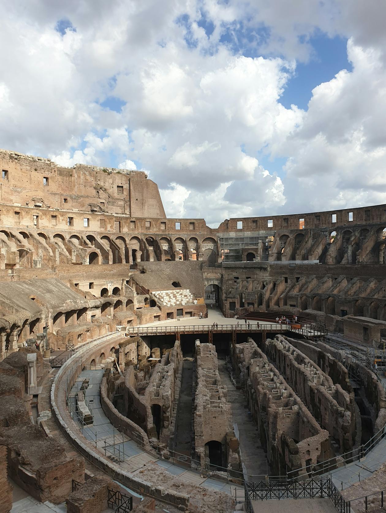 Close view of the Colosseum ancient stone walls and arches