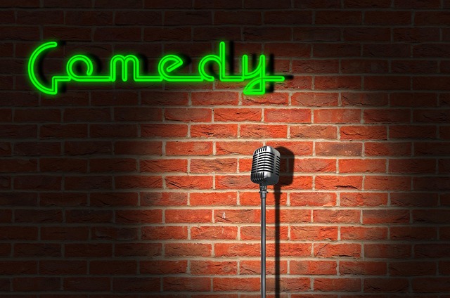 Comedy club stage with neon lights and microphone