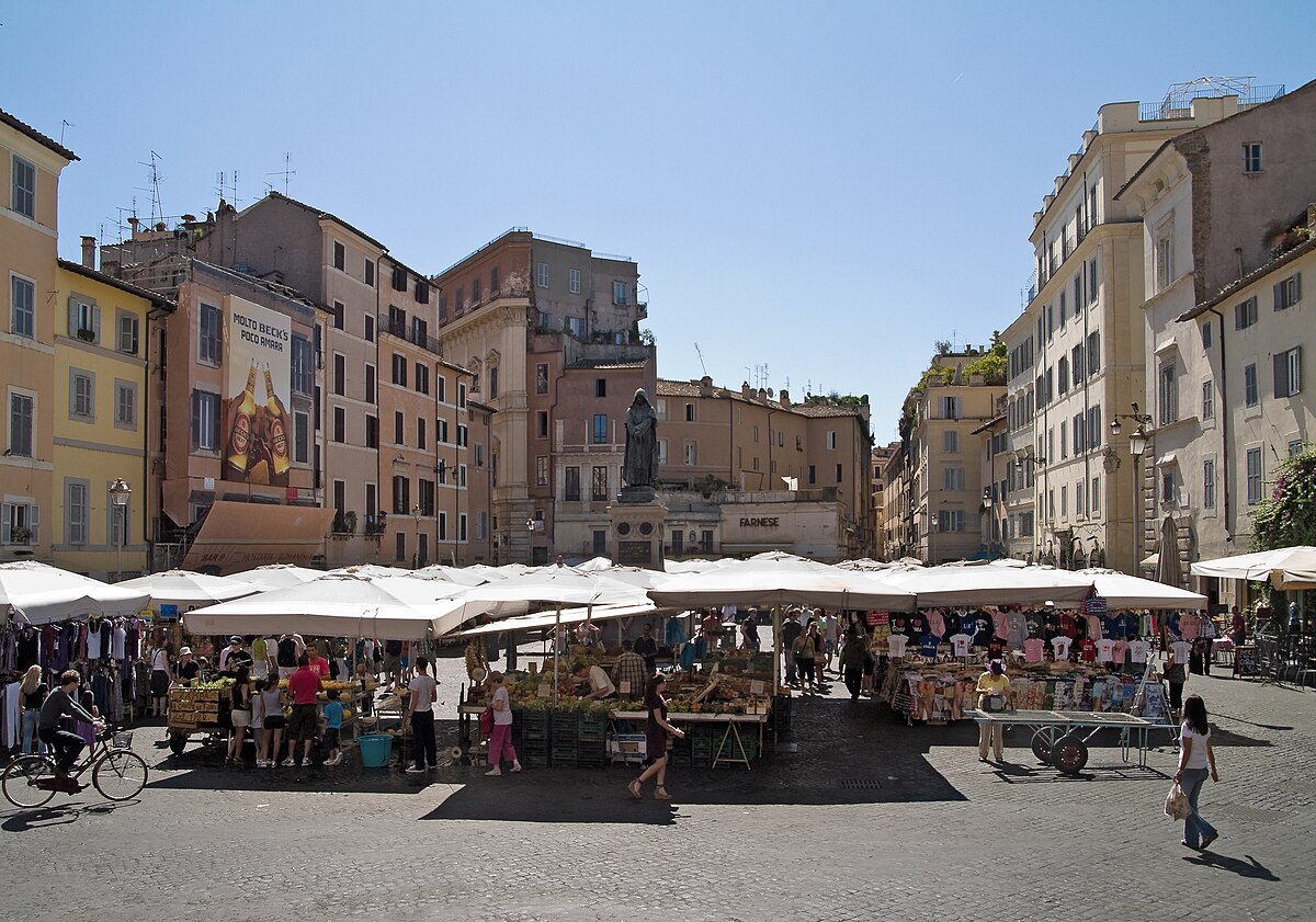 Campo de Fiori market square in Rome with surrounding buildings