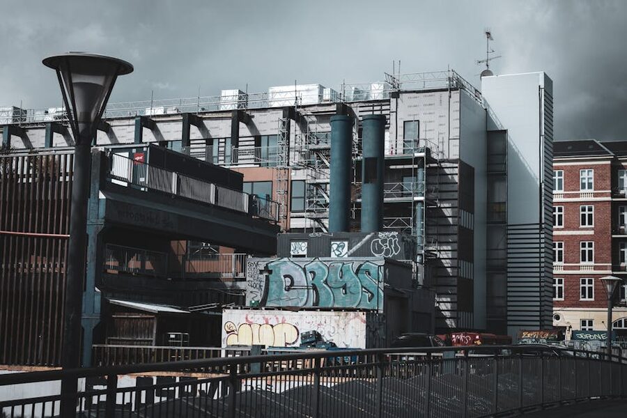 Copenhagen cityscape with urban graffiti and modern architecture