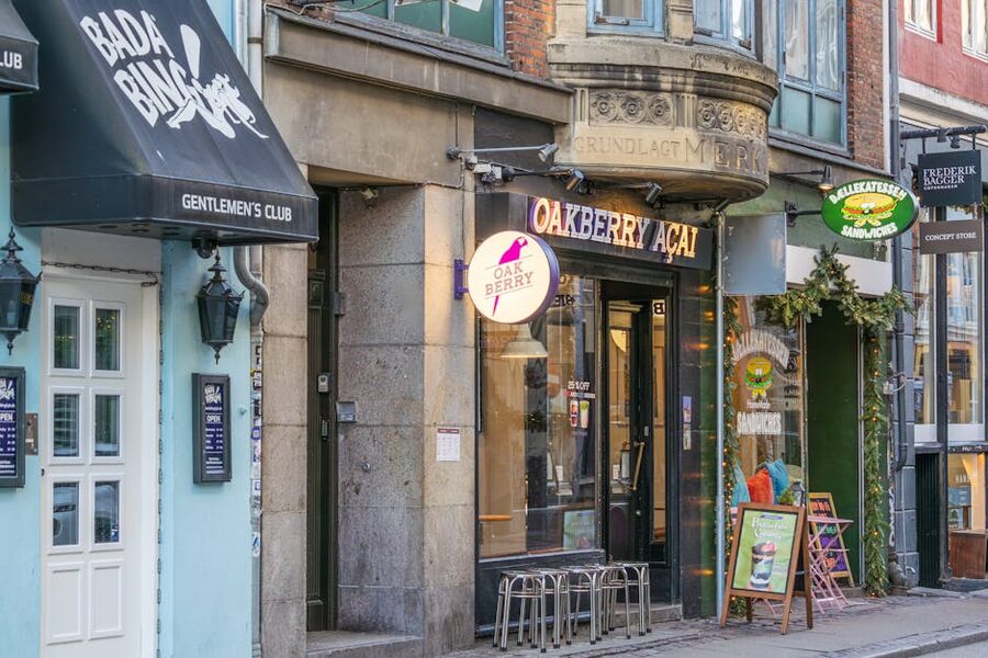 Copenhagen street with cafes and shops in the city centre
