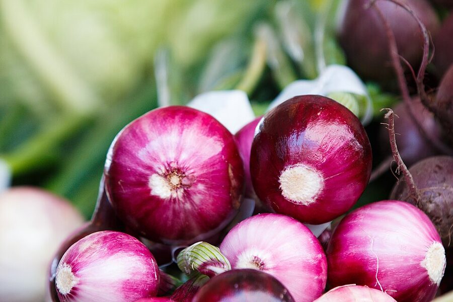 Onions on display at Torvehallerne market in Copenhagen