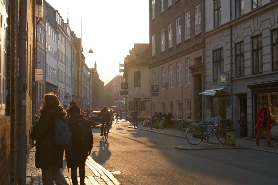 Copenhagen street with bicycles at sunset